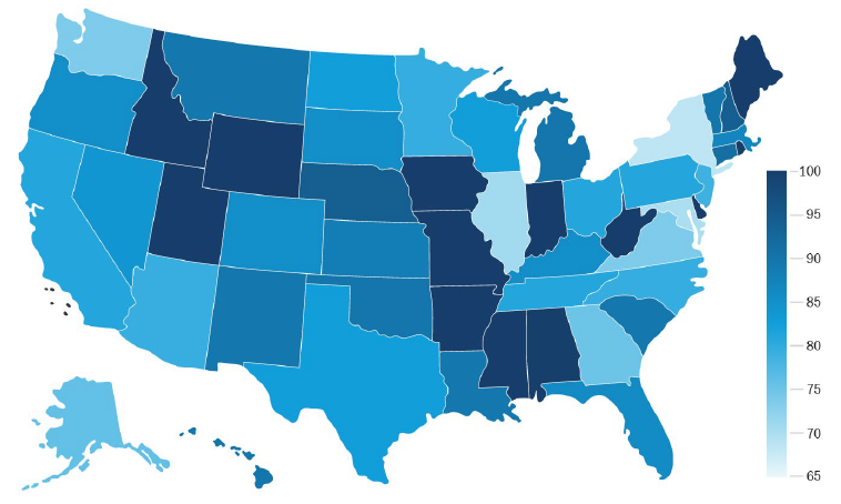 Map of the USA with all states in blue shades